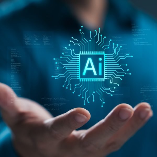 Businessman using artificial intelligence (AI) technology in future business, using artificial intelligence to make business more efficient, IoT, innovation and the future.